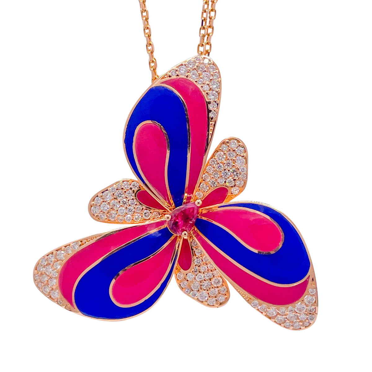 Jay Feder 18k Rose Gold Diamond Enamel Flower Pendant Necklace