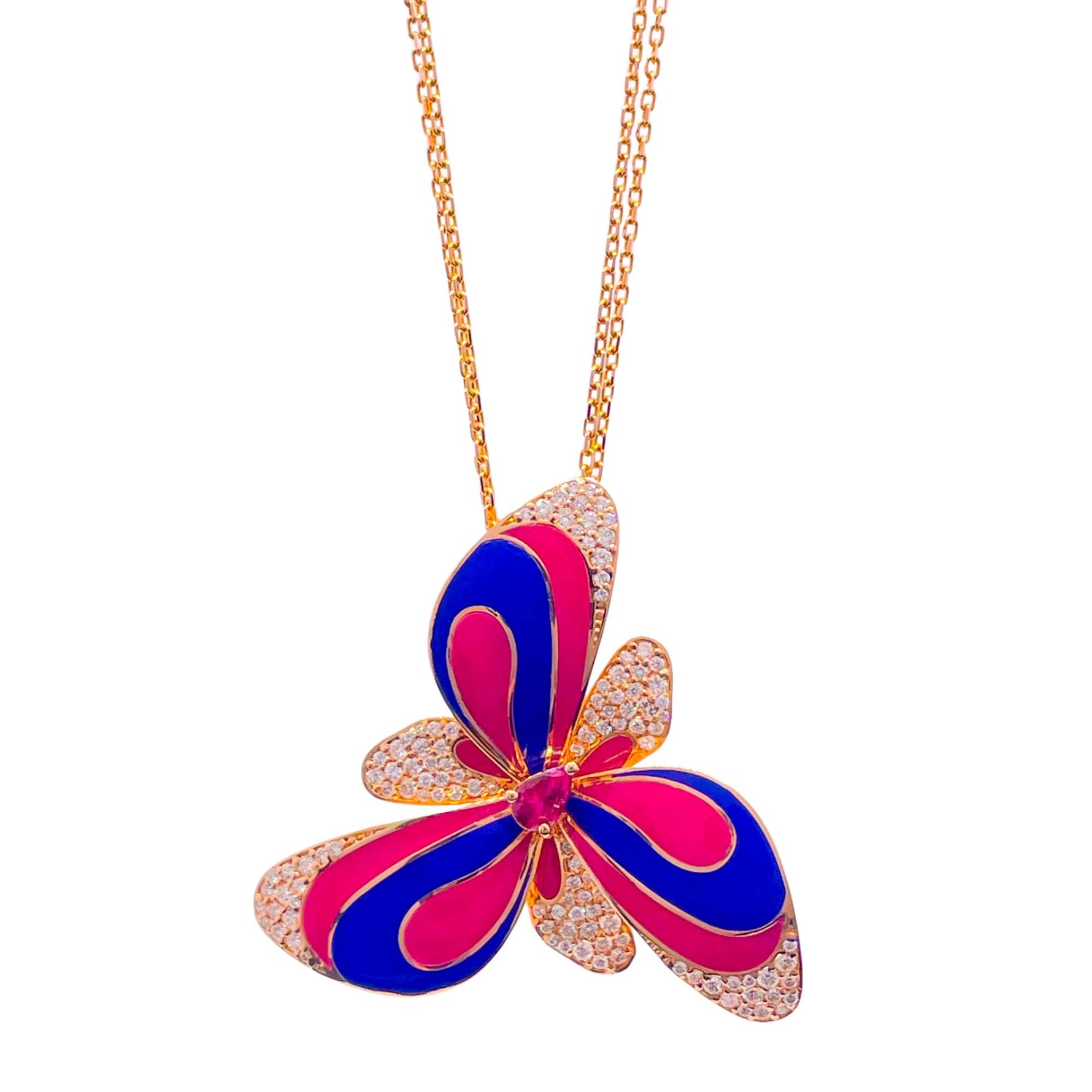 Jay Feder 18k Rose Gold Diamond Enamel Flower Pendant Necklace