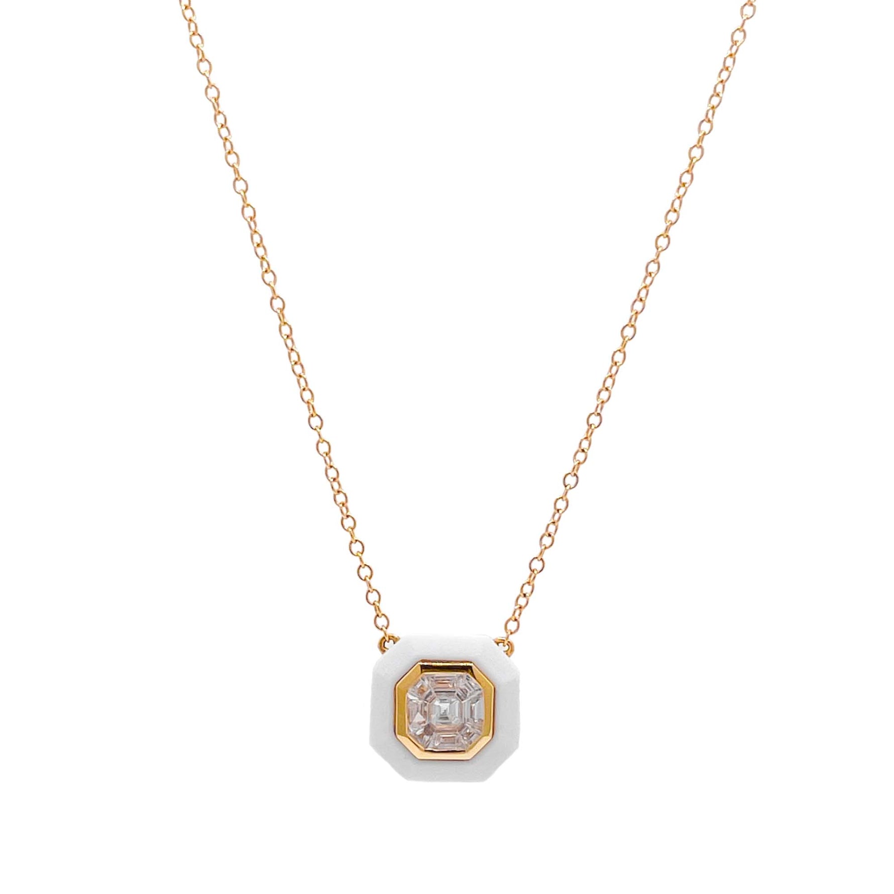 Doves 18k Yellow Gold Diamond White Agate Pendant Necklace