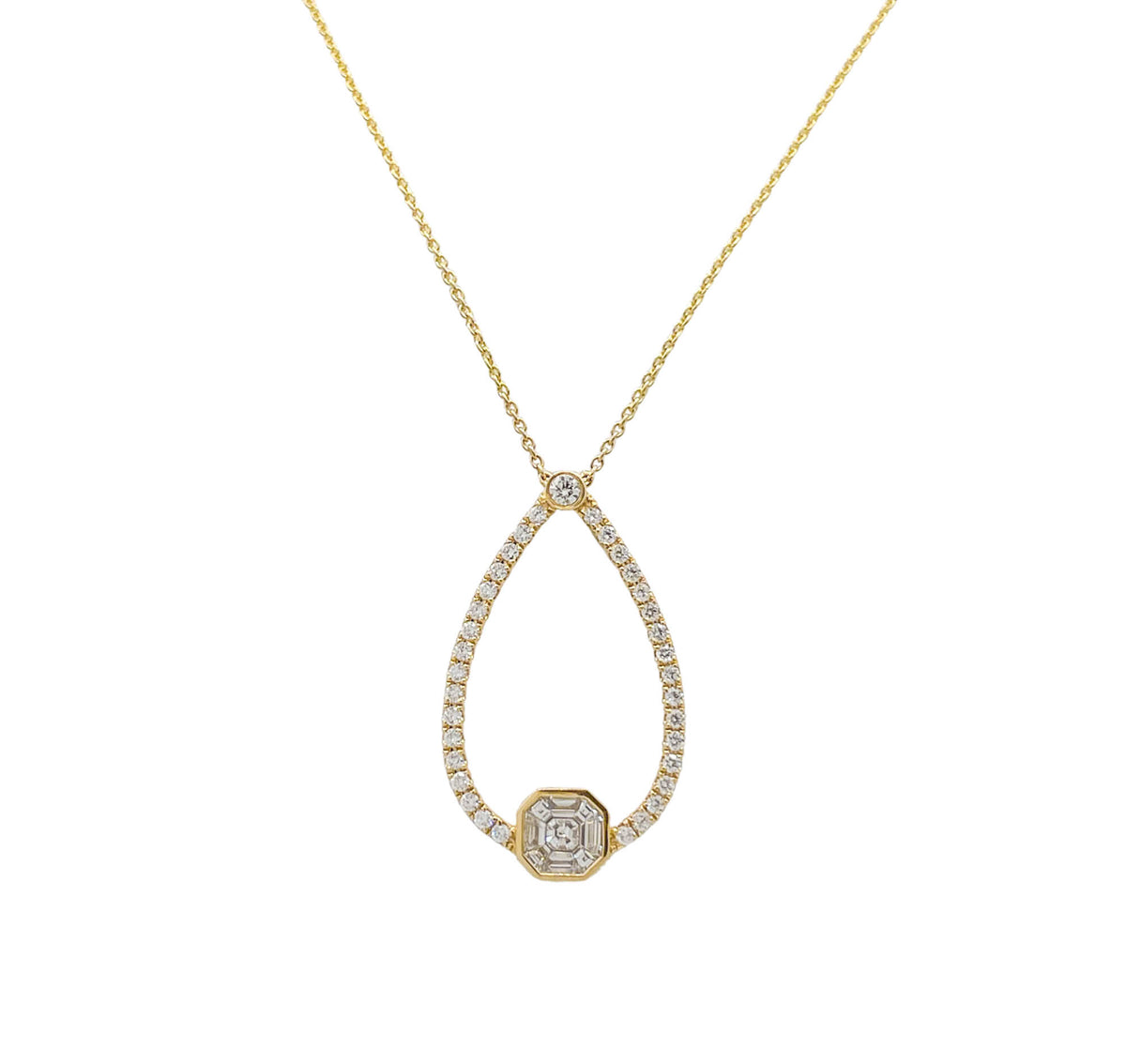 DOVES 18K YELLOW GOLD DIAMOND ASSCHER INVISIBLE SET PENDANT TEARDROP NECKLACE