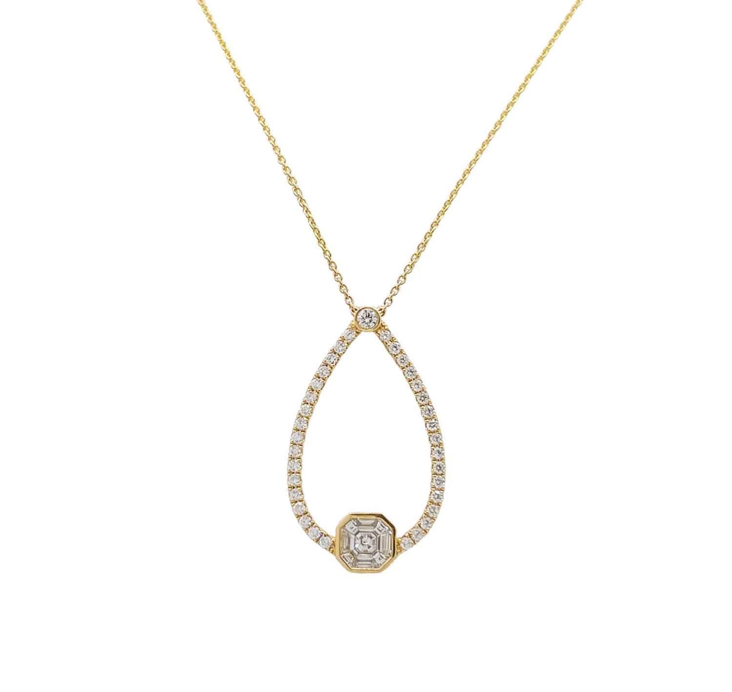 DOVES 18K YELLOW GOLD DIAMOND ASSCHER INVISIBLE SET PENDANT TEARDROP NECKLACE