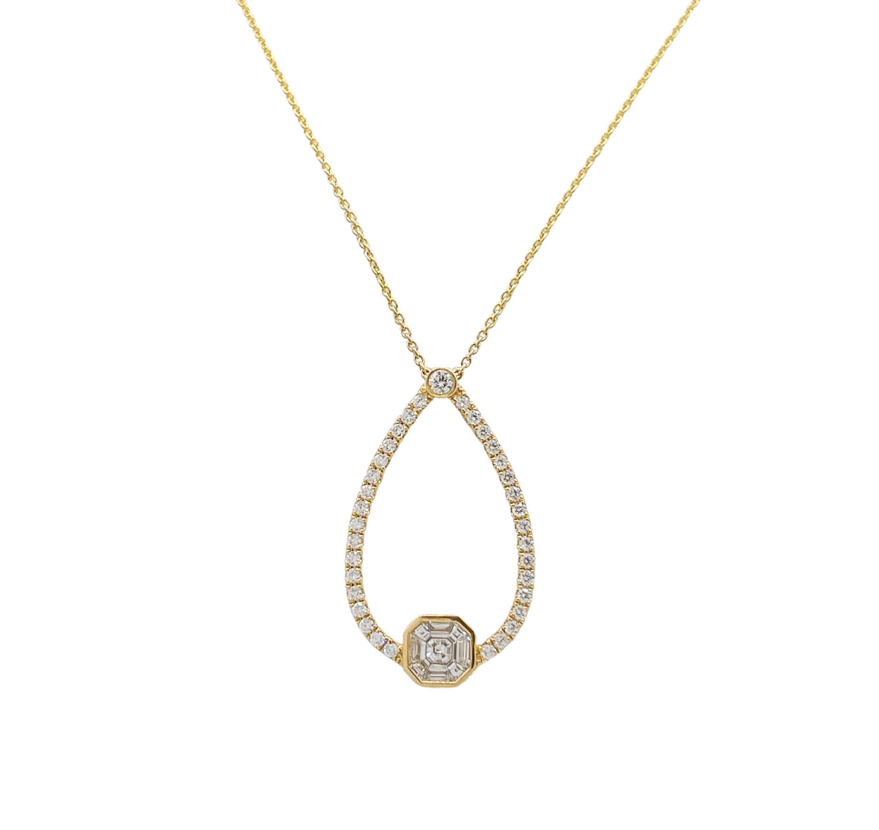 DOVES 18K YELLOW GOLD DIAMOND ASSCHER INVISIBLE SET PENDANT TEARDROP NECKLACE