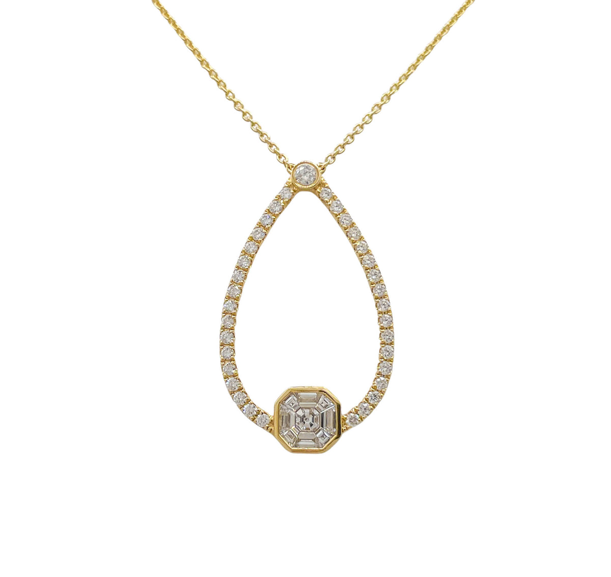 DOVES 18K YELLOW GOLD DIAMOND ASSCHER INVISIBLE SET PENDANT TEARDROP NECKLACE