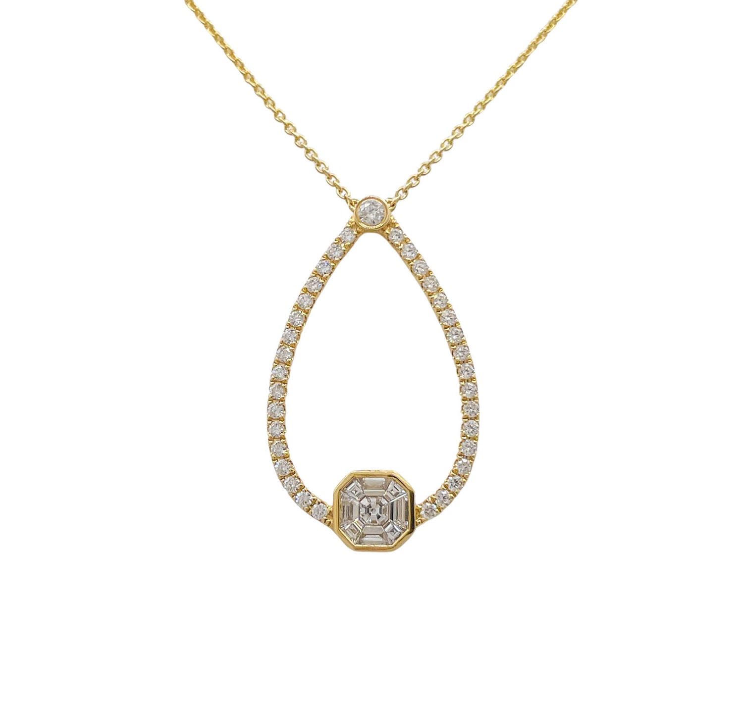 DOVES 18K YELLOW GOLD DIAMOND ASSCHER INVISIBLE SET PENDANT TEARDROP NECKLACE
