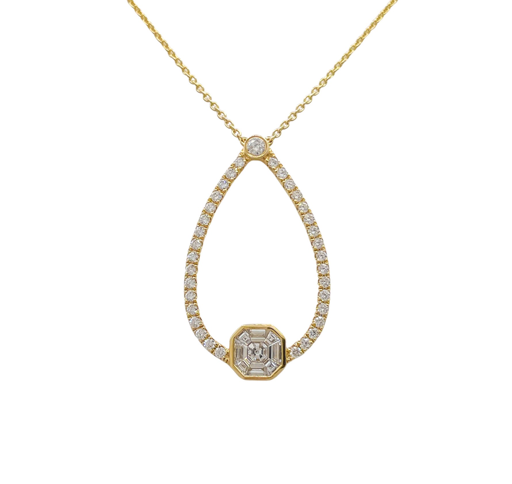 DOVES 18K YELLOW GOLD DIAMOND ASSCHER INVISIBLE SET PENDANT TEARDROP NECKLACE