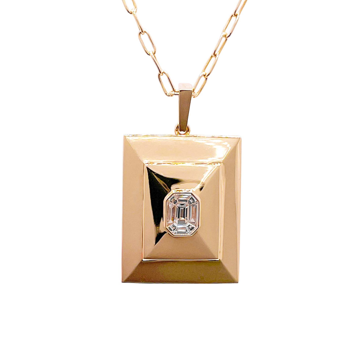 Doves 18k Yellow Gold Diamond Invisible Set Rectangular Pendant Necklace