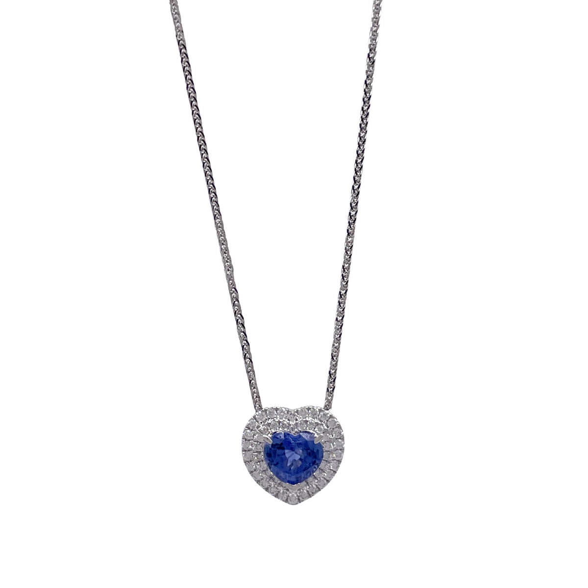 Jay Feder 18k White Gold Sapphire Diamond Heart Shaped Pendant Necklace