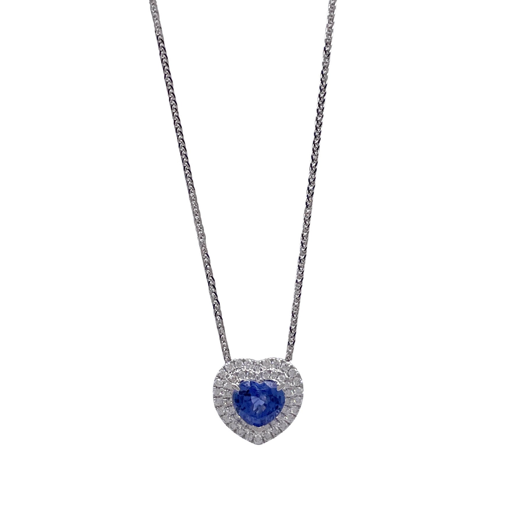 Jay Feder 18k White Gold Sapphire Diamond Heart Shaped Pendant Necklace