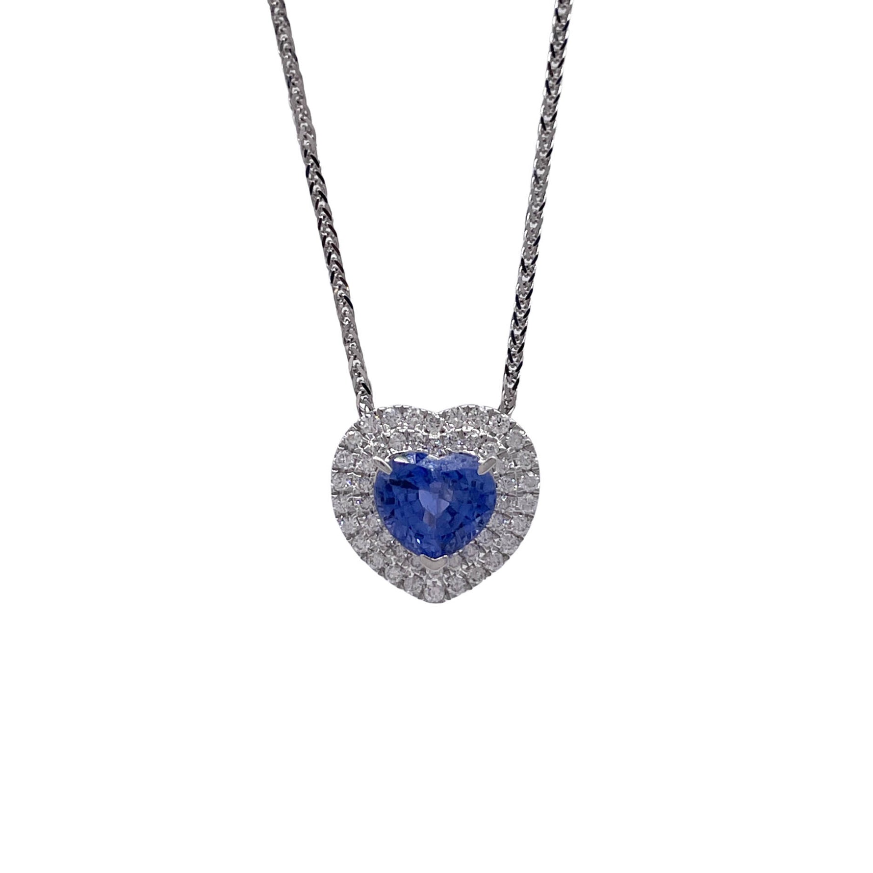 Jay Feder 18k White Gold Sapphire Diamond Heart Shaped Pendant Necklace