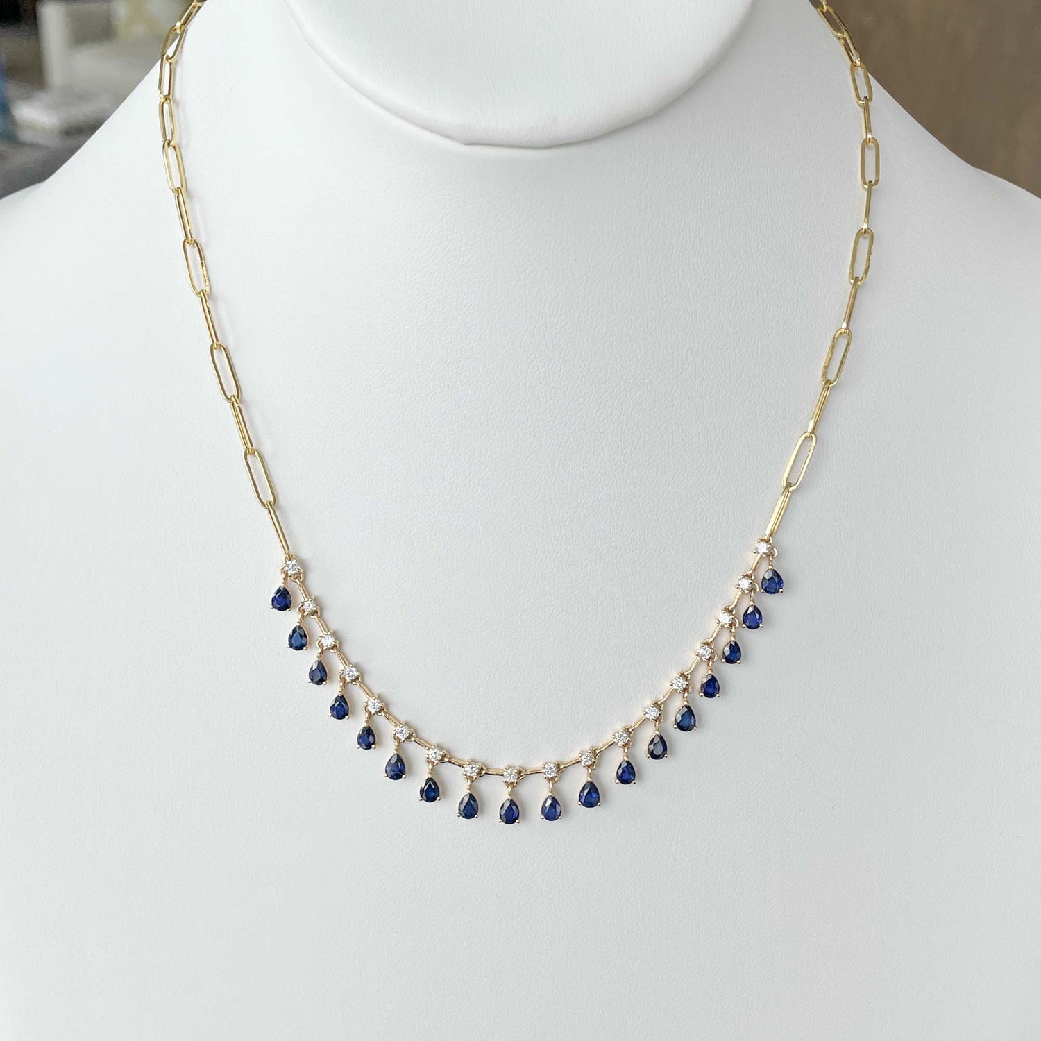 Jay Feder 14k Yellow Gold Sapphire and Diamond Hanging Station Paperclip Necklace