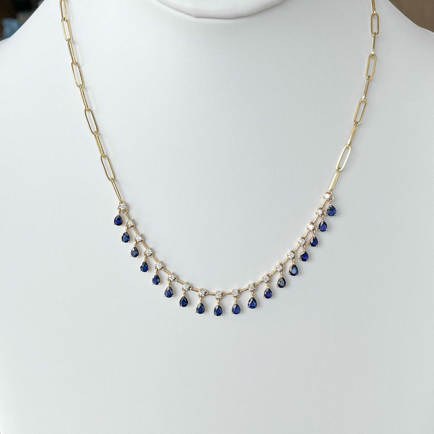 Jay Feder 14k Yellow Gold Sapphire and Diamond Hanging Station Paperclip Necklace