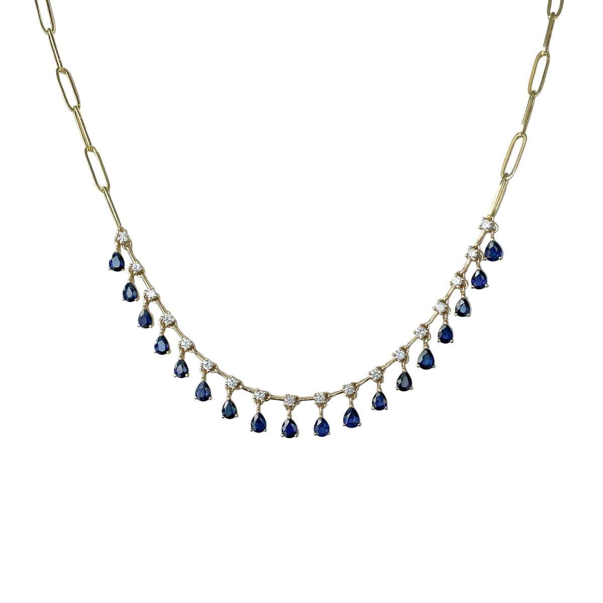 Jay Feder 14k Yellow Gold Sapphire and Diamond Hanging Station Paperclip Necklace