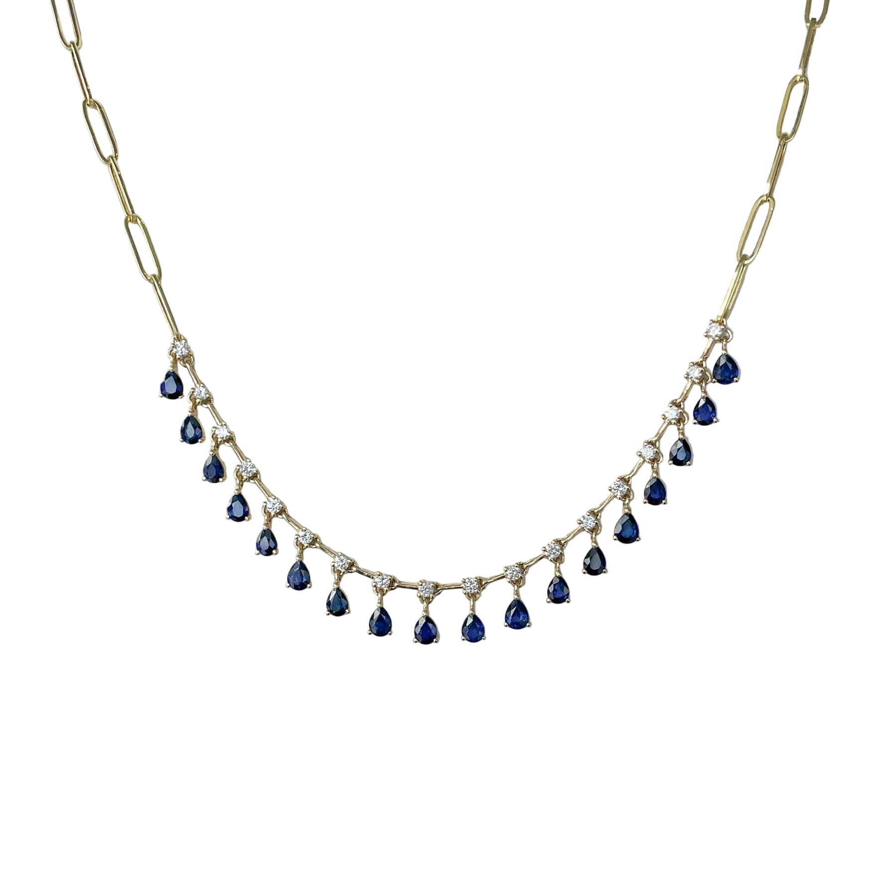 Jay Feder 14k Yellow Gold Sapphire and Diamond Hanging Station Paperclip Necklace