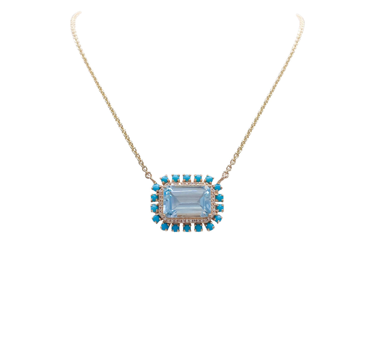 JAY FEDER 14K YELLOW GOLD AQUAMARINE TURQUOISE PENDANT NECKLACE