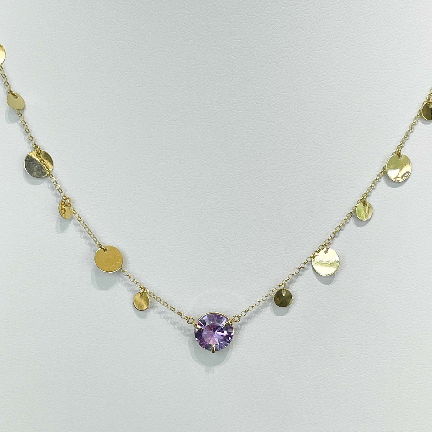 Jay Feder 18k Yellow Gold Amethyst Pendant Hanging Disc Necklace