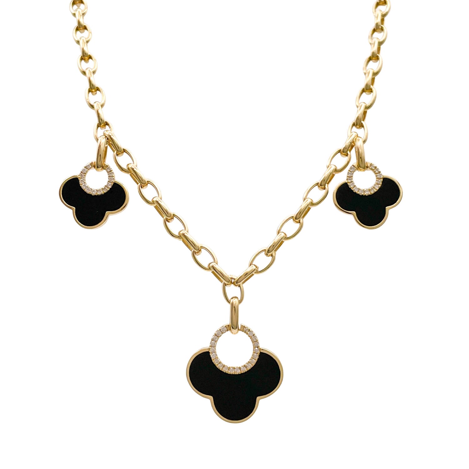 JAY FEDER 14K YELLOW GOLD DIAMOND BLACK ONYX CLOVER CHARM STATION NECKLACE