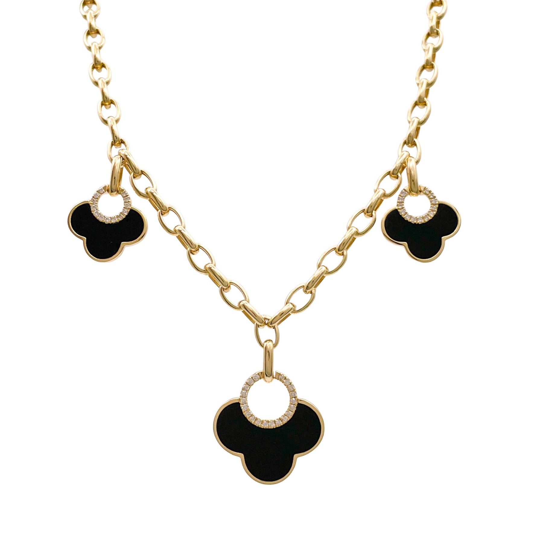JAY FEDER 14K YELLOW GOLD DIAMOND BLACK ONYX CLOVER CHARM STATION NECKLACE