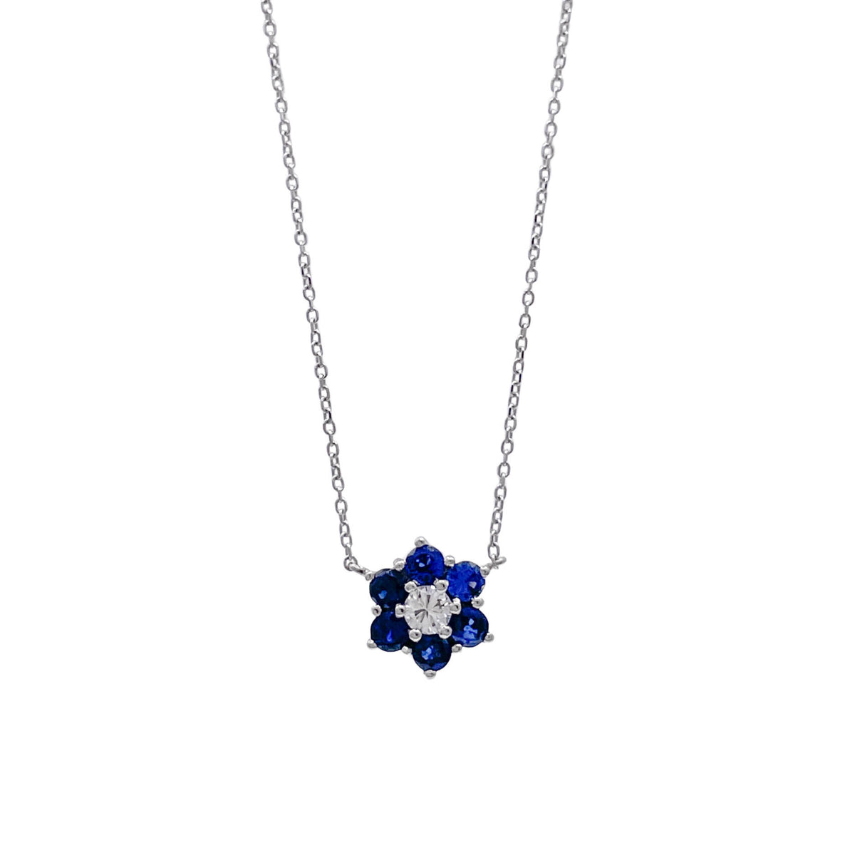 JAY FEDER 18K WHITE GOLD DIAMOND SAPPHIRE FLOWER CLUSTER PENDANT NECKLACE