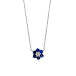 JAY FEDER 18K WHITE GOLD DIAMOND SAPPHIRE FLOWER CLUSTER PENDANT NECKLACE