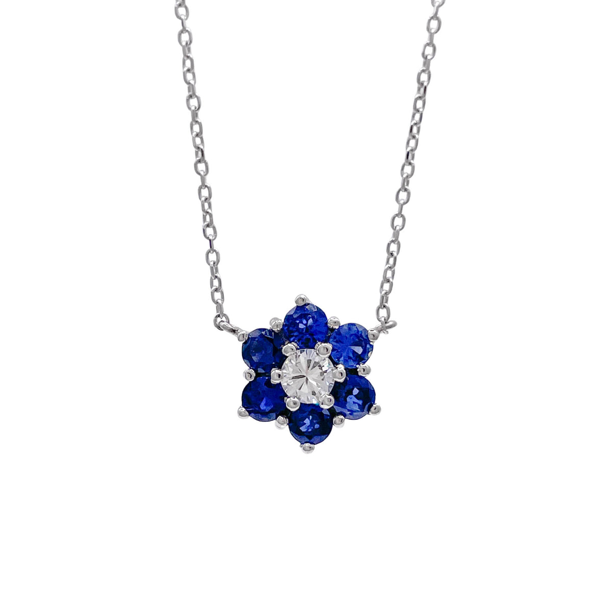 JAY FEDER 18K WHITE GOLD DIAMOND SAPPHIRE FLOWER CLUSTER PENDANT NECKLACE