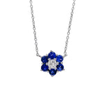 JAY FEDER 18K WHITE GOLD DIAMOND SAPPHIRE FLOWER CLUSTER PENDANT NECKLACE