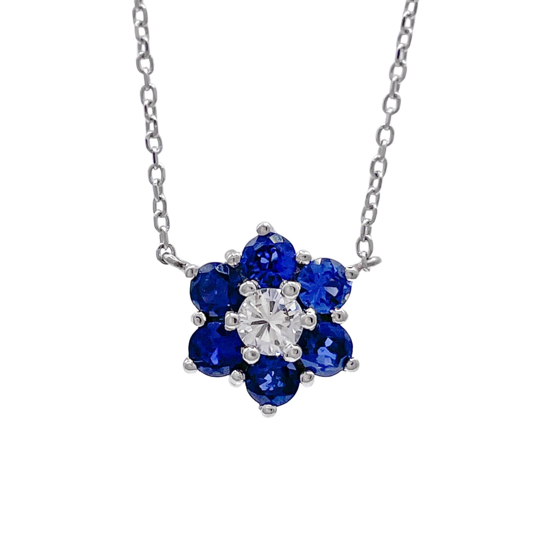 JAY FEDER 18K WHITE GOLD DIAMOND SAPPHIRE FLOWER CLUSTER PENDANT NECKLACE