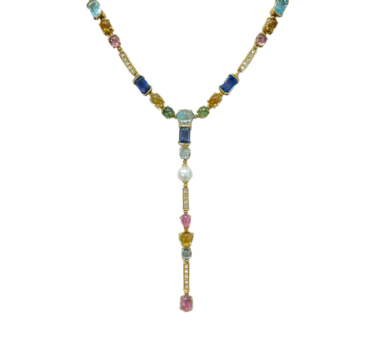 JAY FEDER 18K YELLOW GOLD MULTISTONE LARIAT NECKLACE