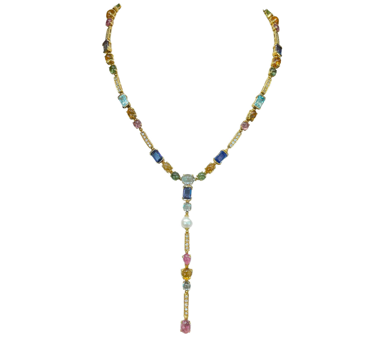 JAY FEDER 18K YELLOW GOLD MULTISTONE LARIAT NECKLACE