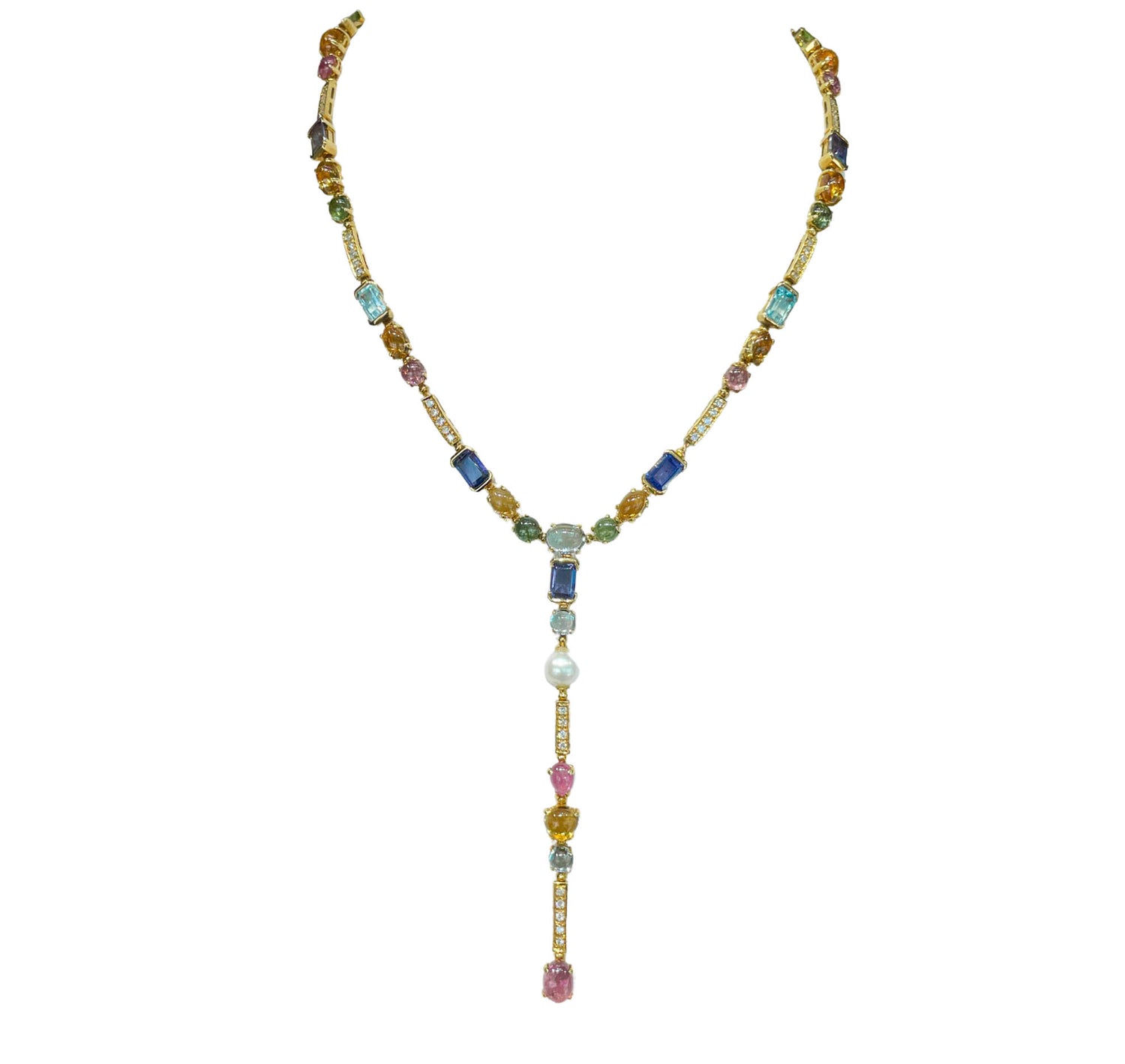 JAY FEDER 18K YELLOW GOLD MULTISTONE LARIAT NECKLACE