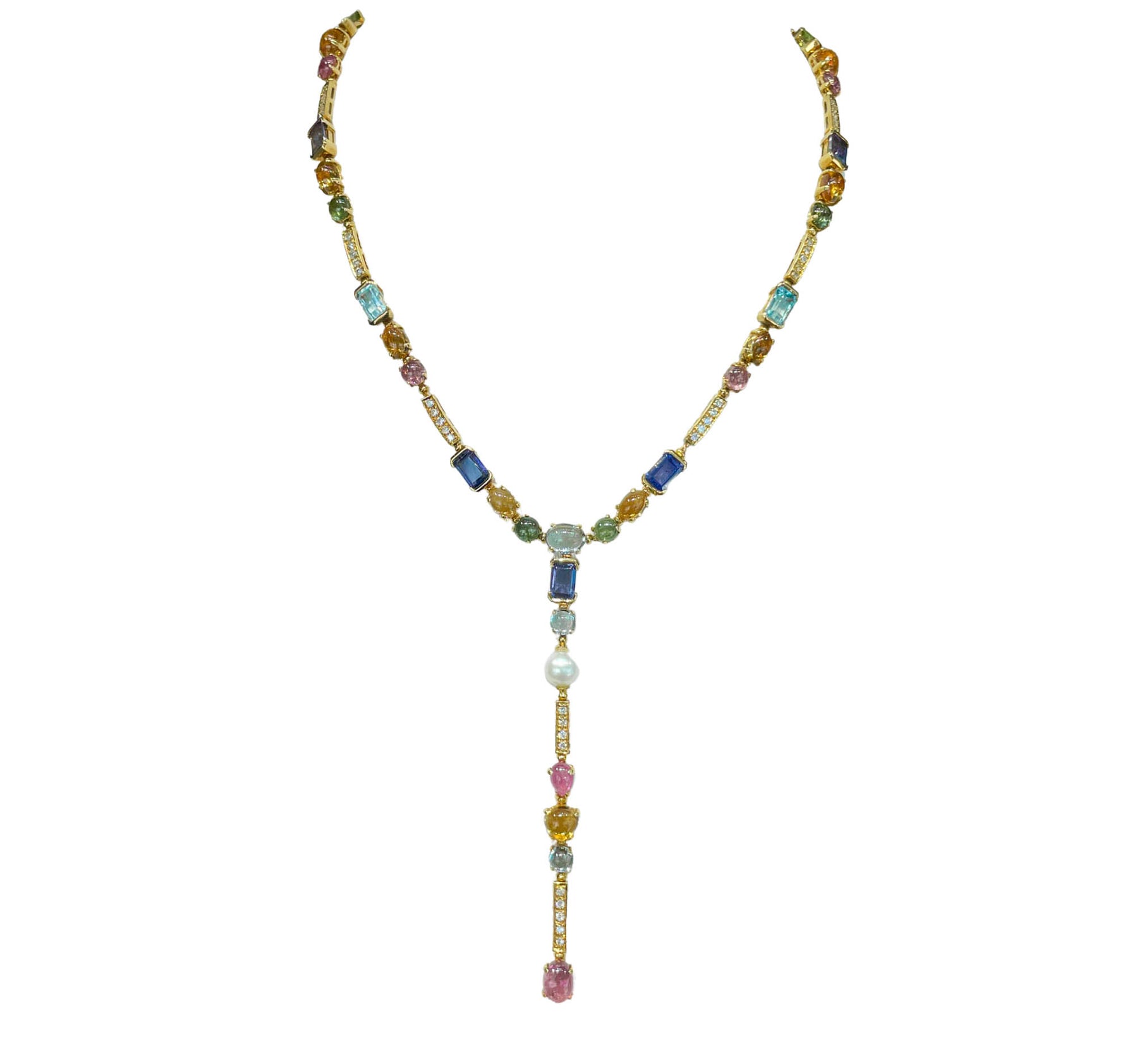 JAY FEDER 18K YELLOW GOLD MULTISTONE LARIAT NECKLACE