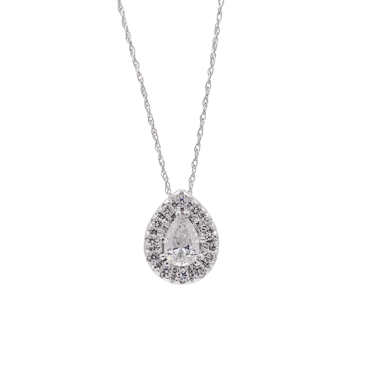 Jay Feder 14k White Gold Pear Shaped Diamond Halo Pendant Necklace