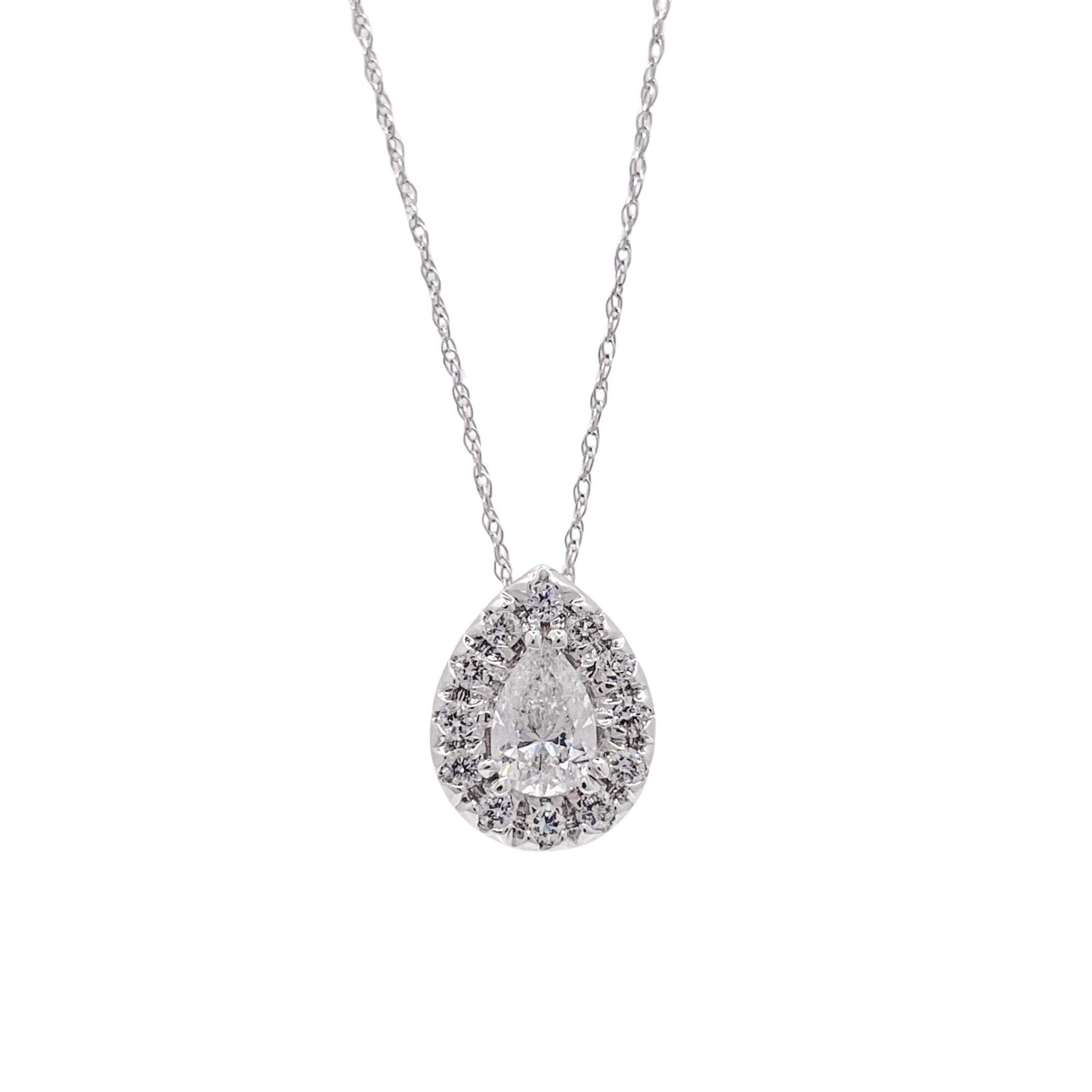 Jay Feder 14k White Gold Pear Shaped Diamond Halo Pendant Necklace