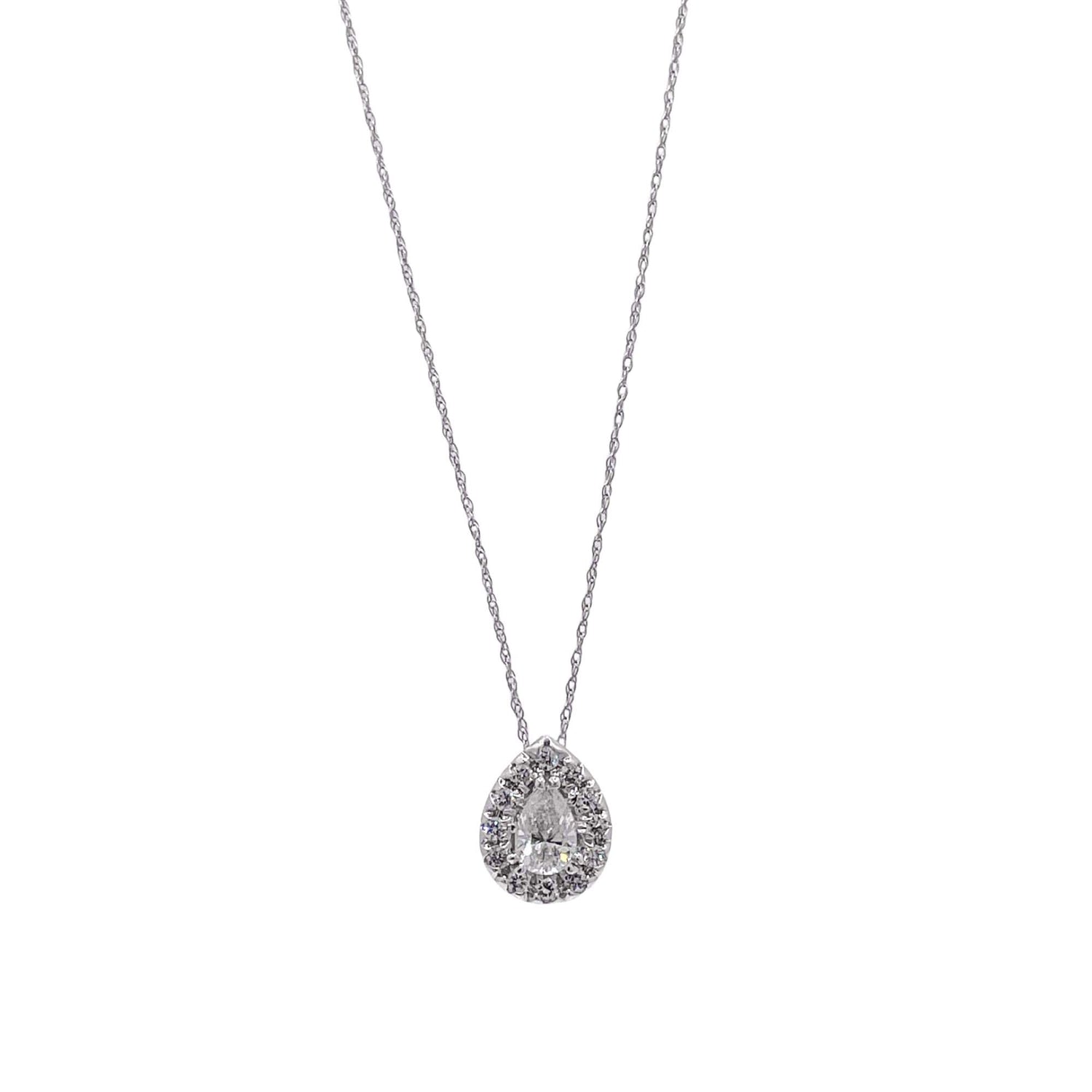 Jay Feder 14k White Gold Pear Shaped Diamond Halo Pendant Necklace