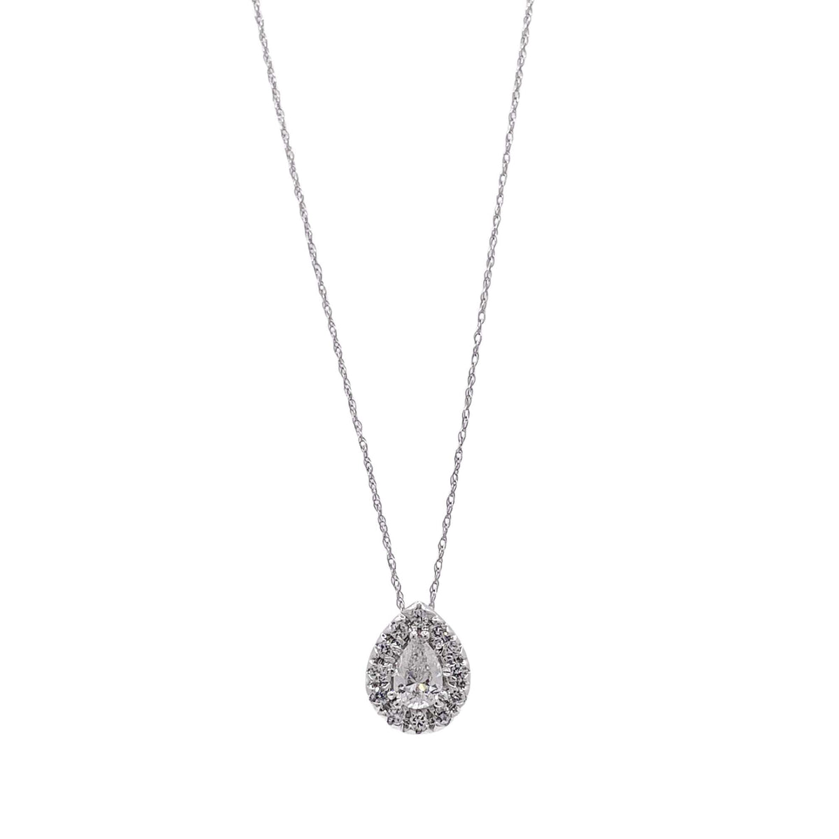 Jay Feder 14k White Gold Pear Shaped Diamond Halo Pendant Necklace