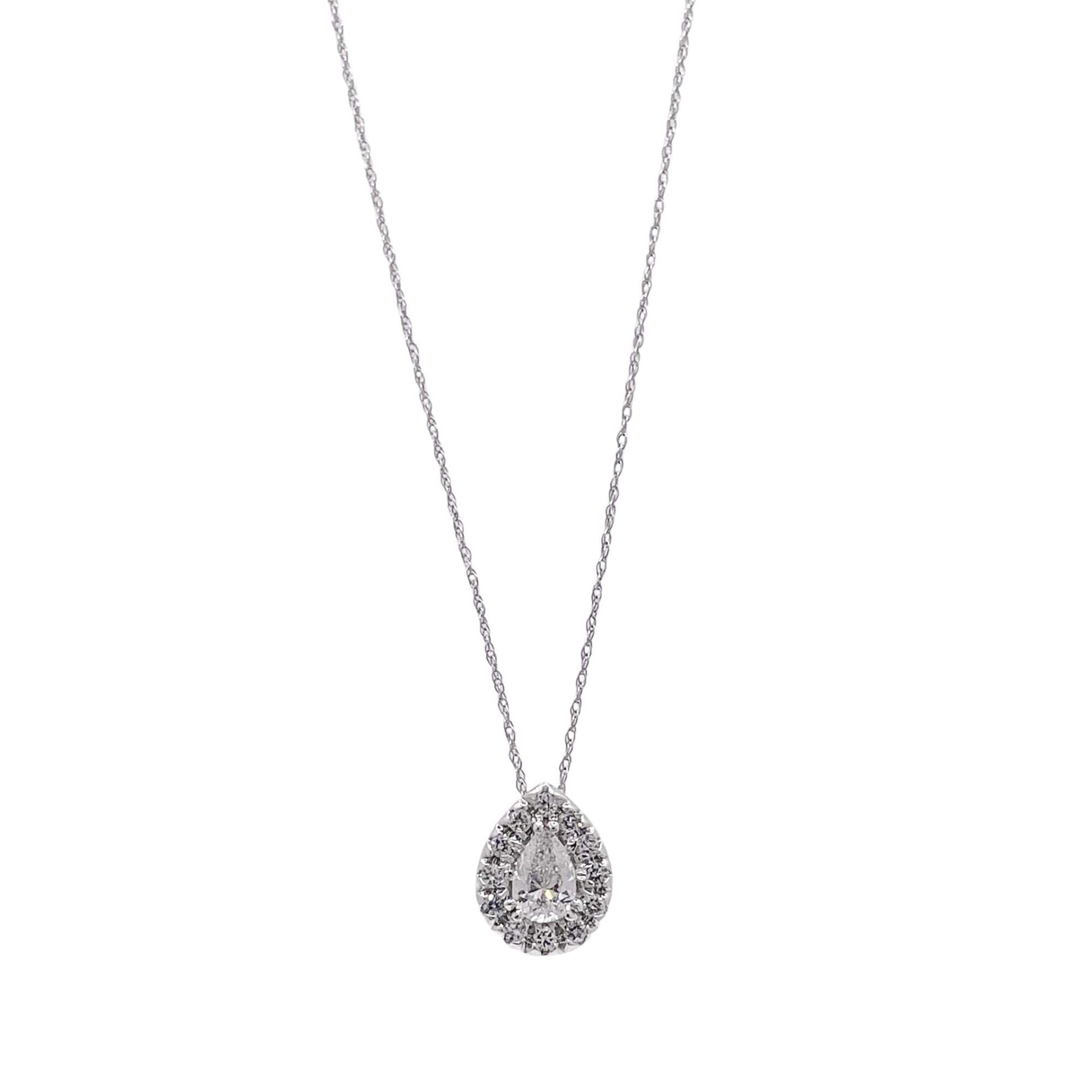 Jay Feder 14k White Gold Pear Shaped Diamond Halo Pendant Necklace
