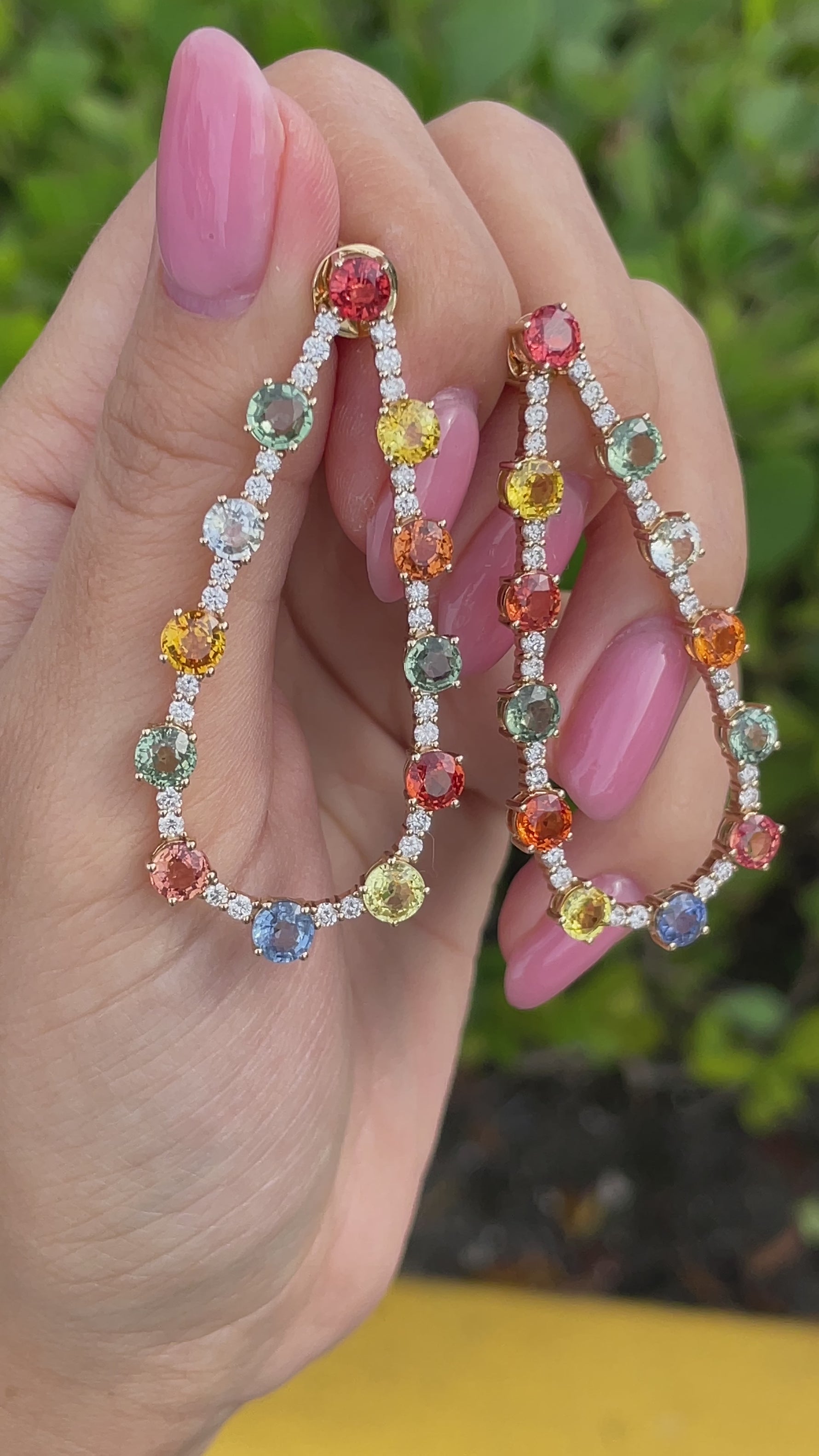 JAY FEDER 14K YELLOW GOLD MULTI SAPPHIRE DIAMOND TEAR SHAPE EARRINGS