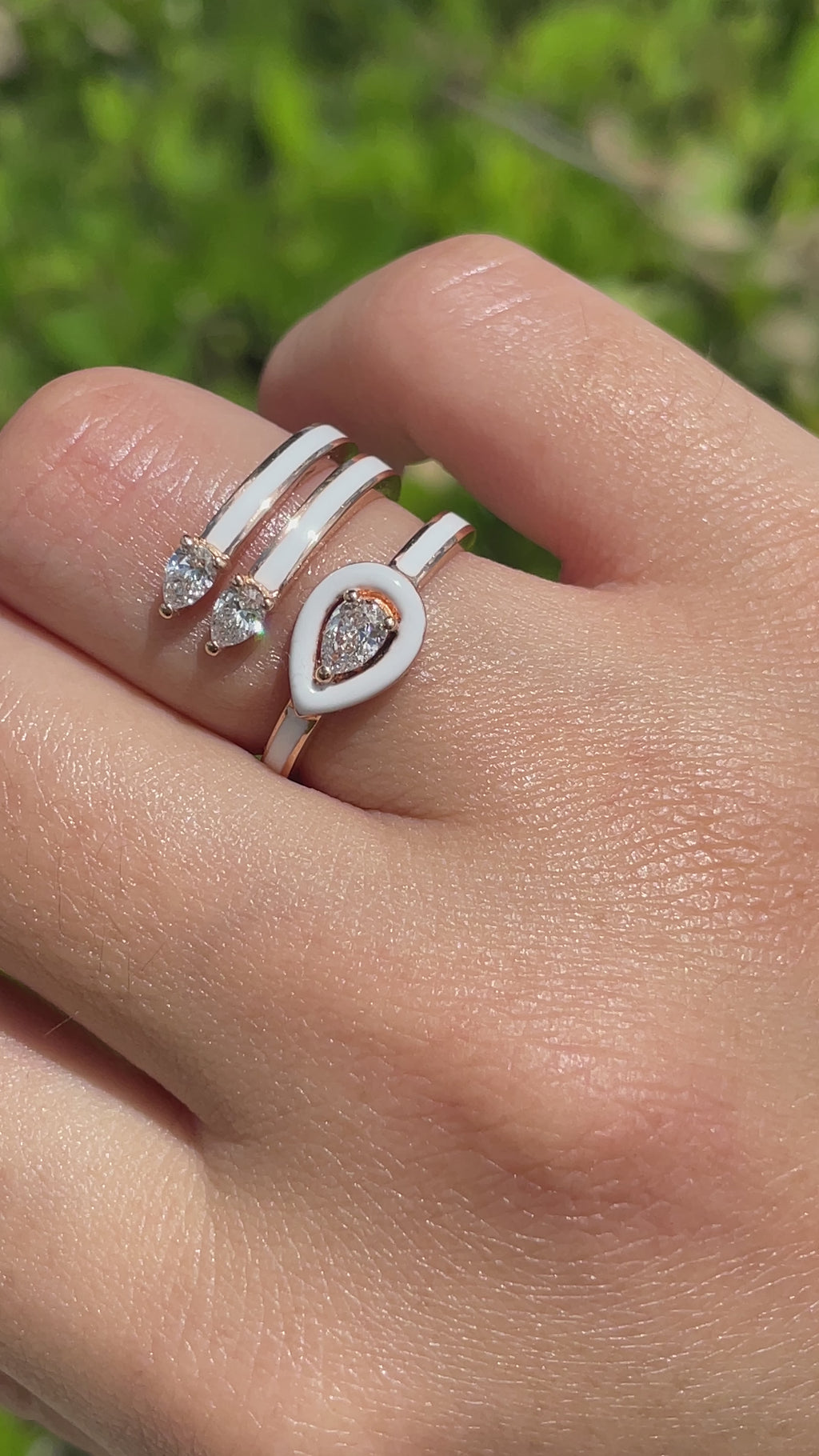 JAY FEDER 18K ROSE GOLD DIAMOND WHITE ENAMEL 3 ROW RING