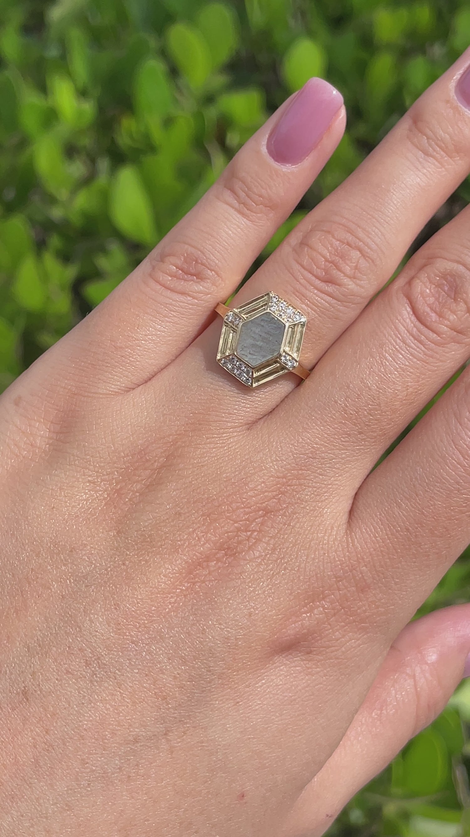 JAY FEDER 14K YELLOW GOLD LABRADORITE DIAMOND HEXAGON RING