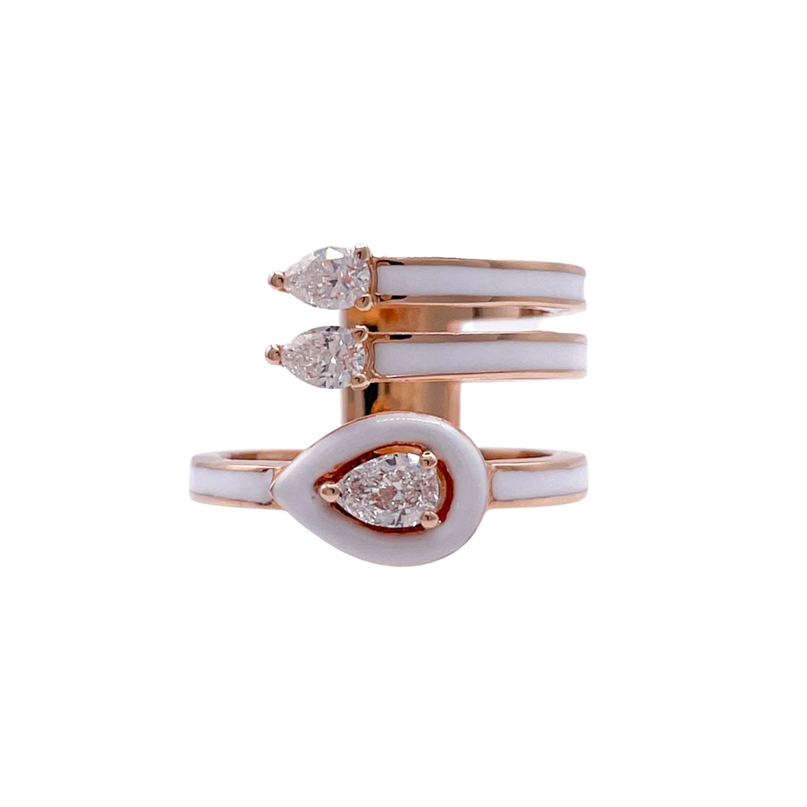 JAY FEDER 18K ROSE GOLD DIAMOND WHITE ENAMEL 3 ROW RING