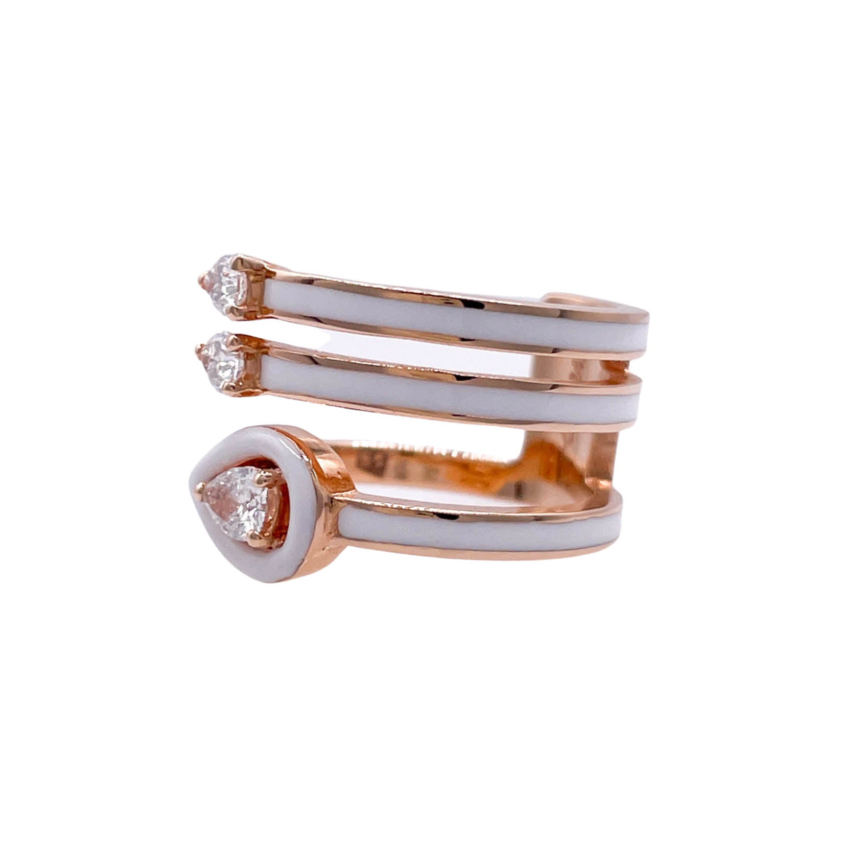 JAY FEDER 18K ROSE GOLD DIAMOND WHITE ENAMEL 3 ROW RING