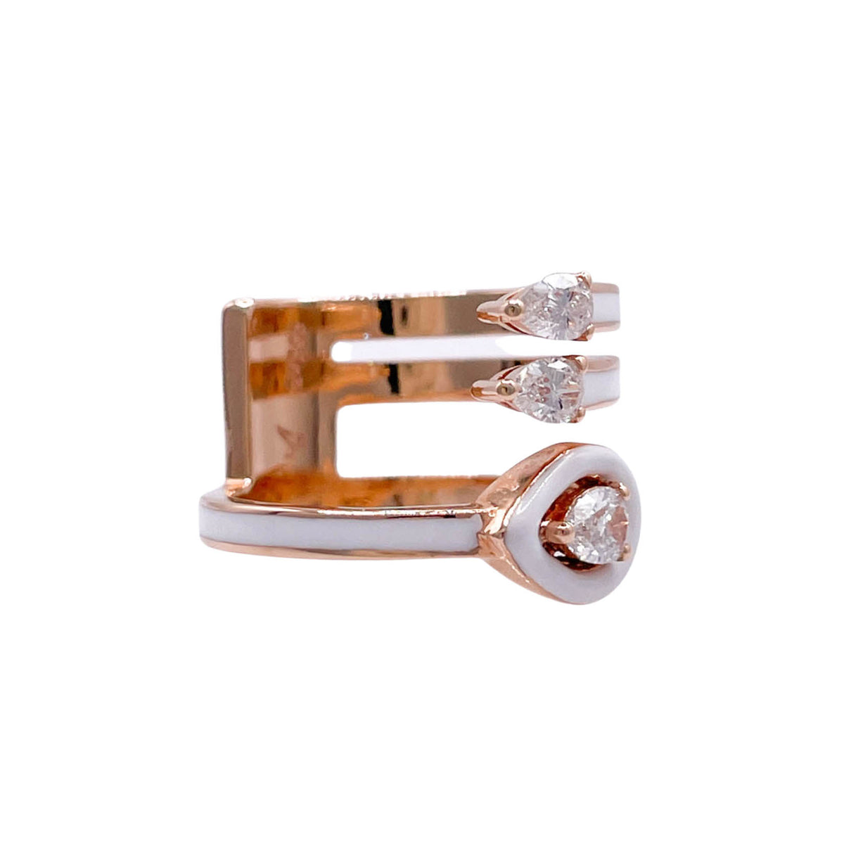 JAY FEDER 18K ROSE GOLD DIAMOND WHITE ENAMEL 3 ROW RING