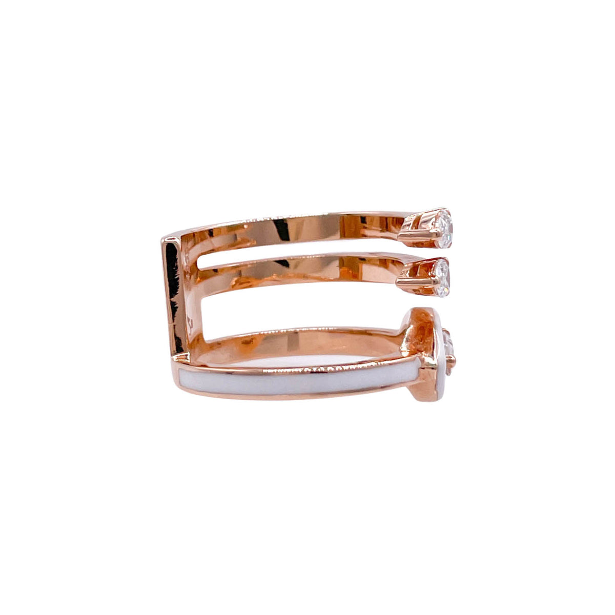 JAY FEDER 18K ROSE GOLD DIAMOND WHITE ENAMEL 3 ROW RING