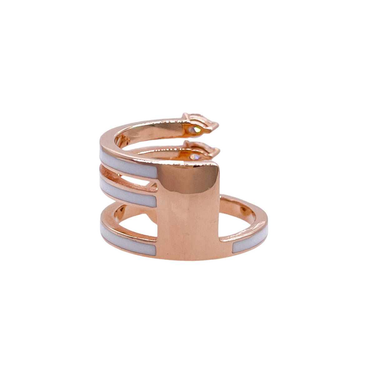 JAY FEDER 18K ROSE GOLD DIAMOND WHITE ENAMEL 3 ROW RING