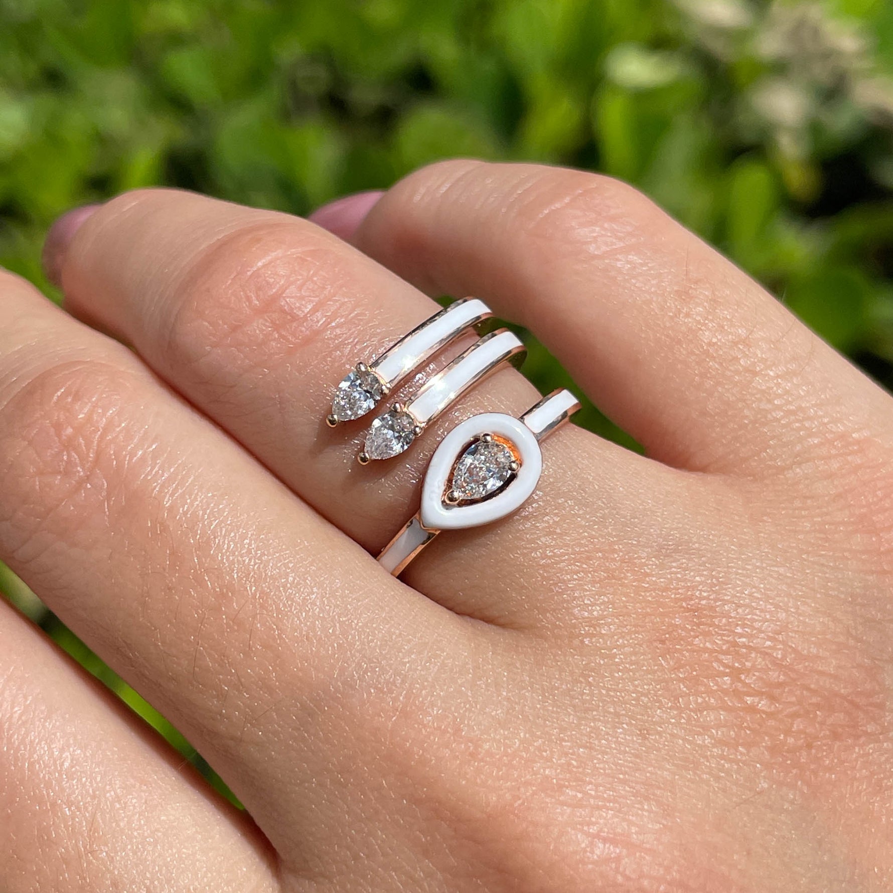 JAY FEDER 18K ROSE GOLD DIAMOND WHITE ENAMEL 3 ROW RING