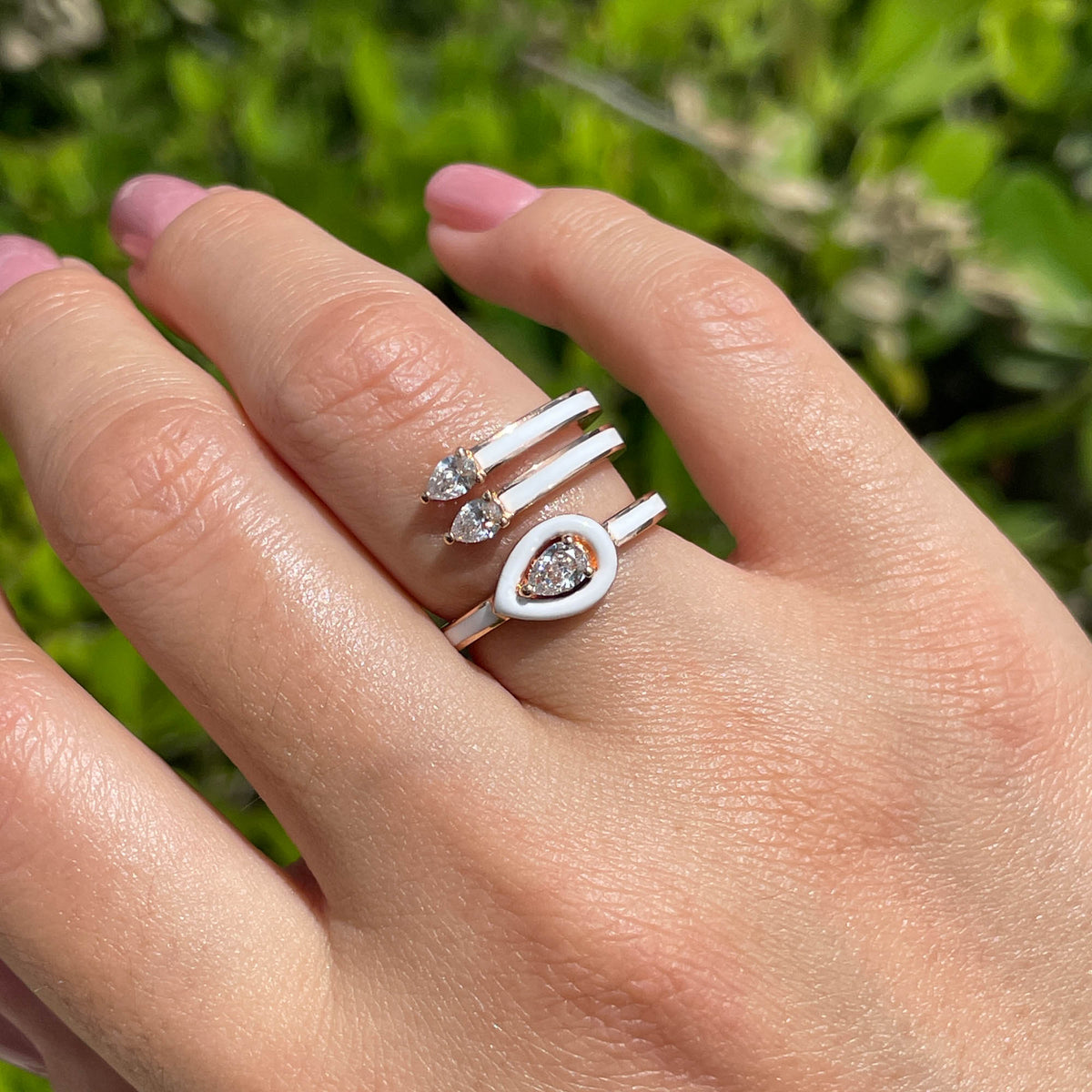 JAY FEDER 18K ROSE GOLD DIAMOND WHITE ENAMEL 3 ROW RING