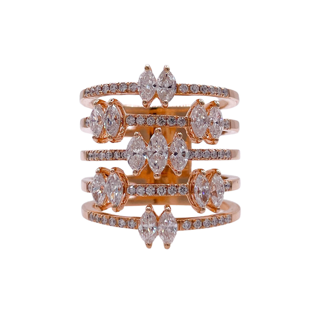 JAY FEDER 18K ROSE GOLD DIAMOND 5 ROW WIDE BAND RING
