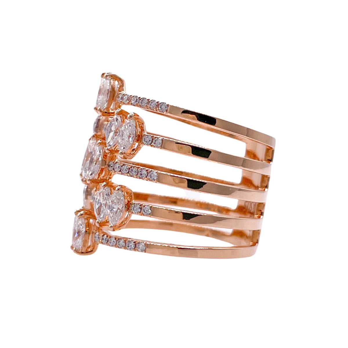 JAY FEDER 18K ROSE GOLD DIAMOND 5 ROW WIDE BAND RING
