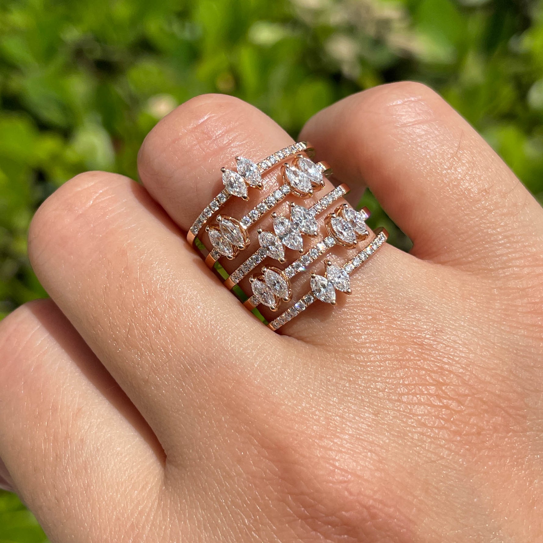 JAY FEDER 18K ROSE GOLD DIAMOND 5 ROW WIDE BAND RING