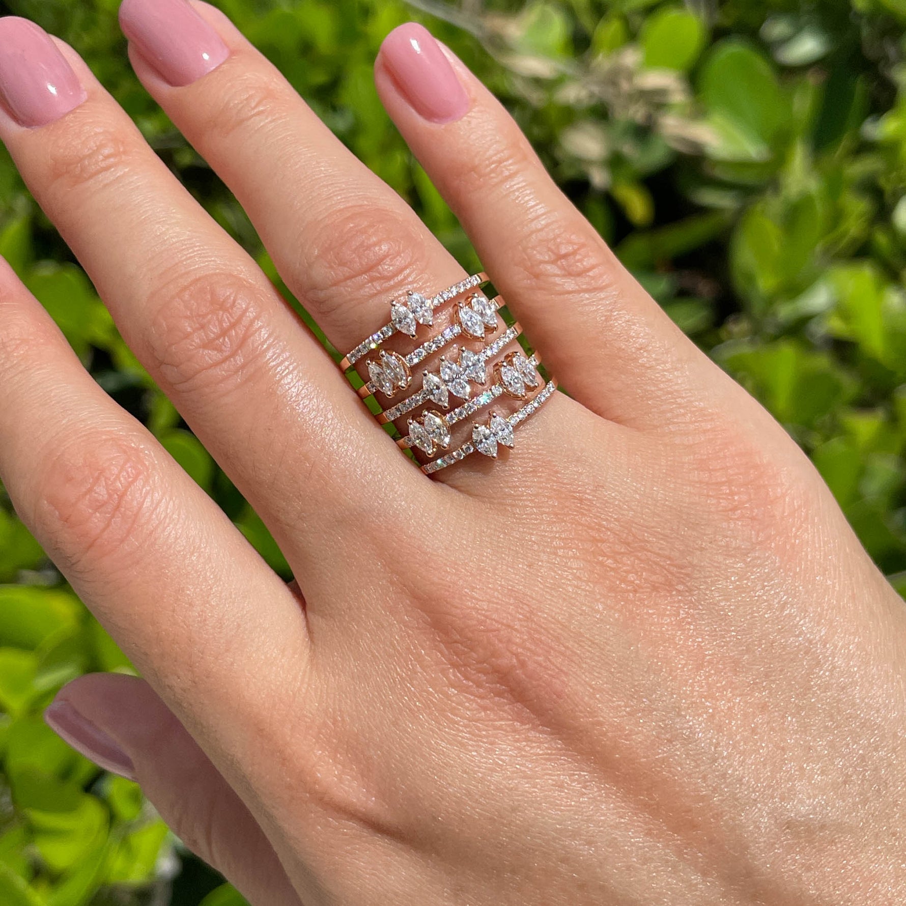 JAY FEDER 18K ROSE GOLD DIAMOND 5 ROW WIDE BAND RING