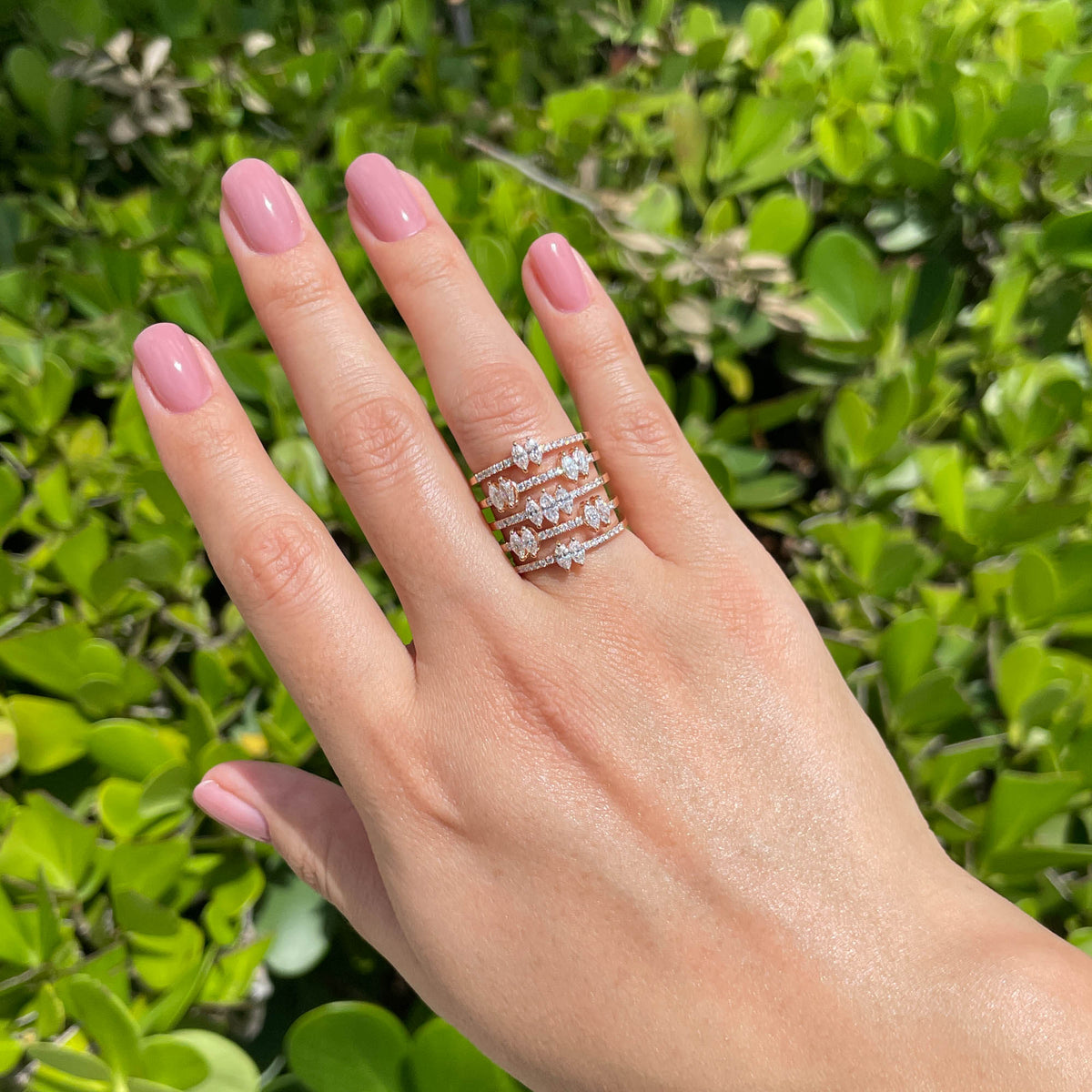 JAY FEDER 18K ROSE GOLD DIAMOND 5 ROW WIDE BAND RING